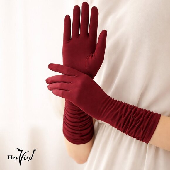 Hey Viv! Accessories - Burgundy Mid Arm Length Gloves Soft Stretch Retro Church Prom Party - Hey Viv